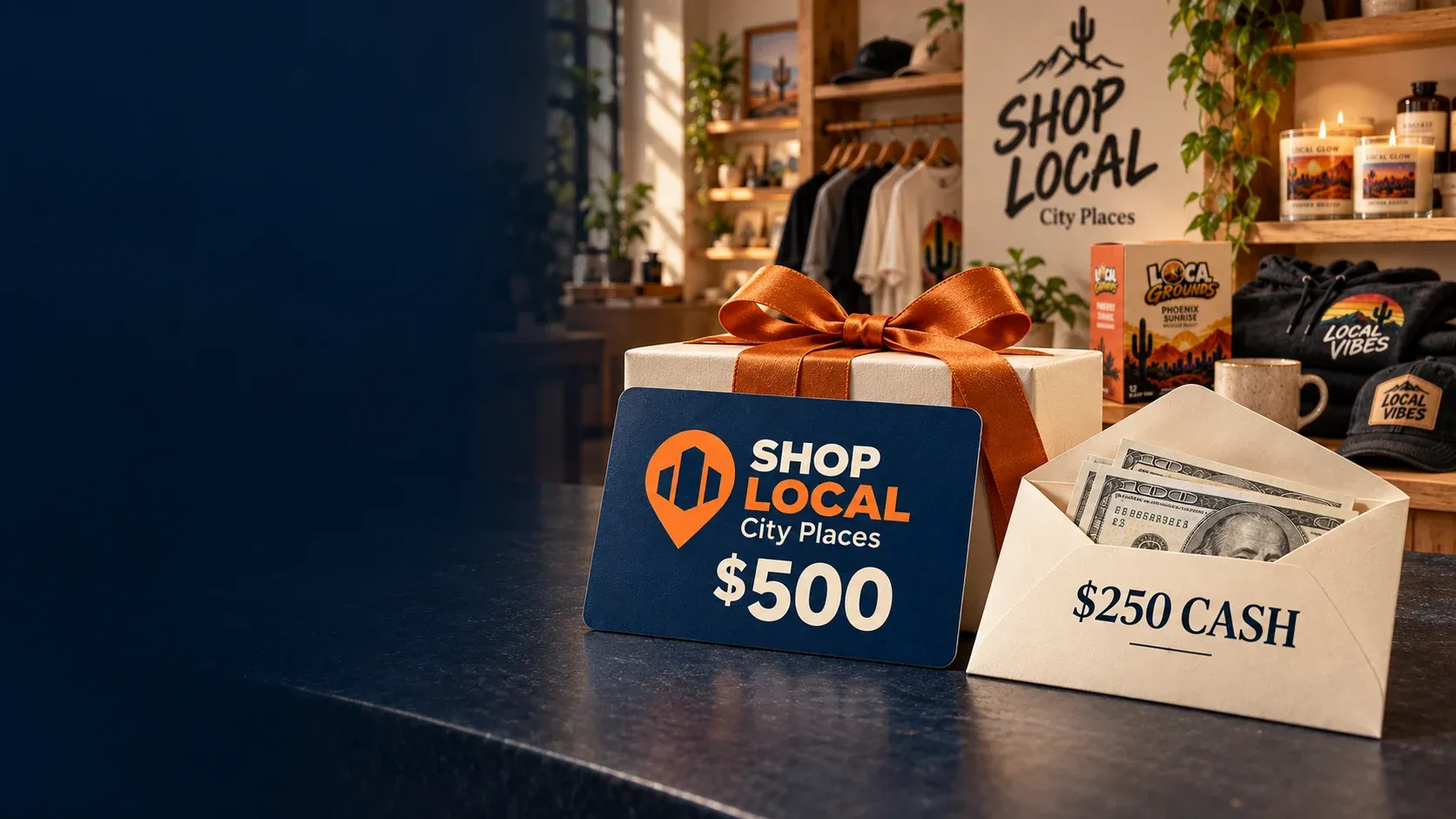 $500 SHOP LOCAL Colorado Places gift card and $250 cash envelope in front of a SHOP LOCAL store and product display.